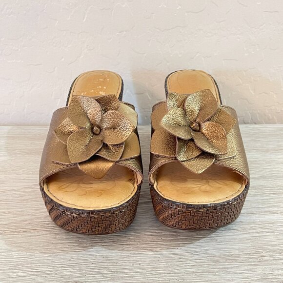 Born 7 Sandals Annette Bronze Brown Copper Leather Flower Platform Wedge Slides - Picture 2 of 12